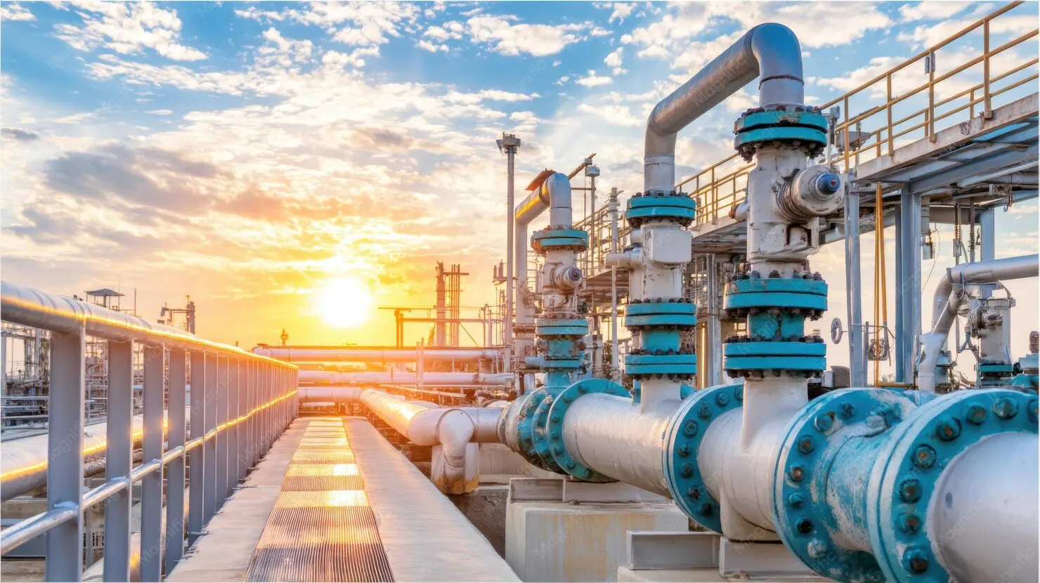 Industrial pipelines and valves at a processing plant at sunset