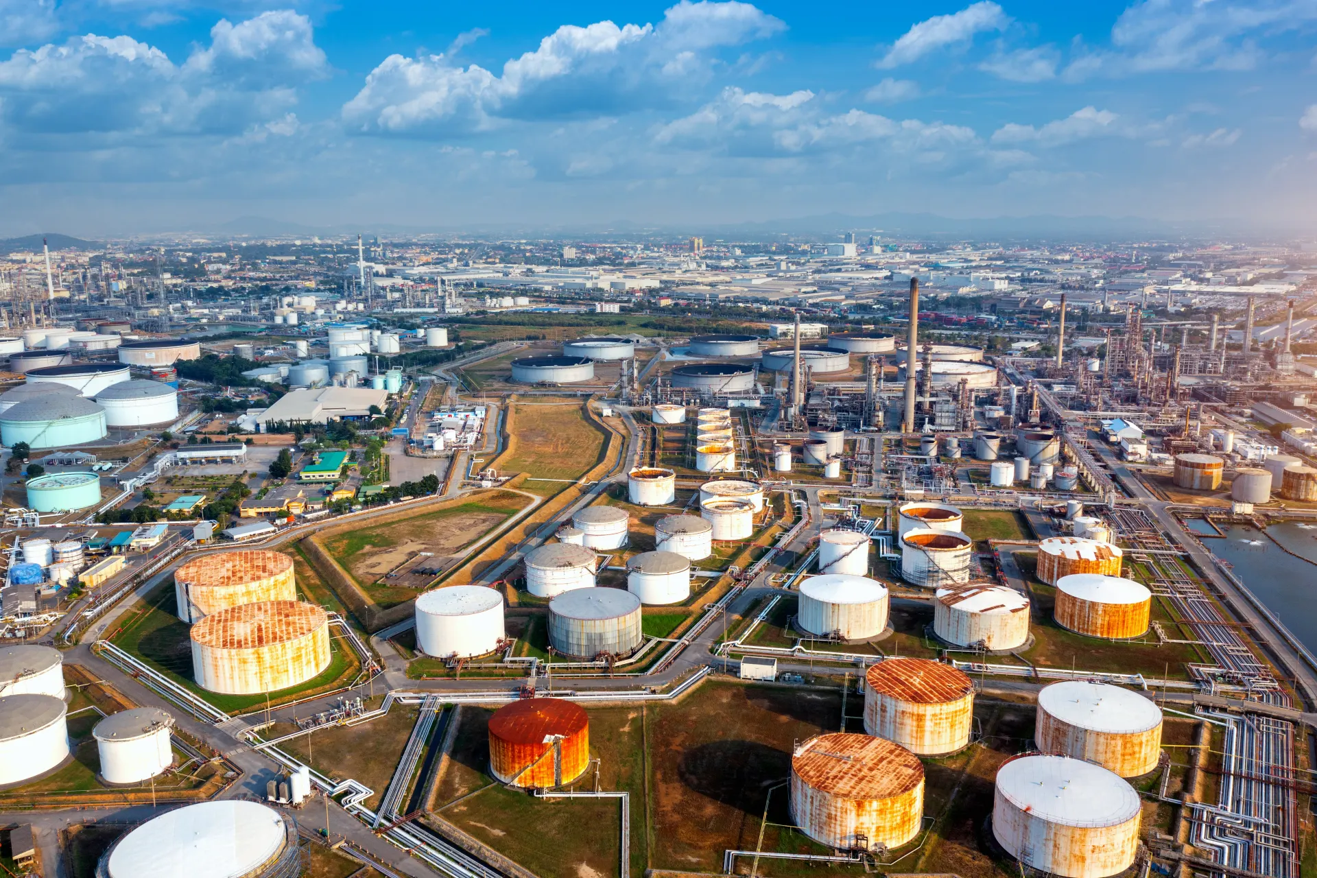 Aerial view of an industrial tank farm at a petrochemical plant