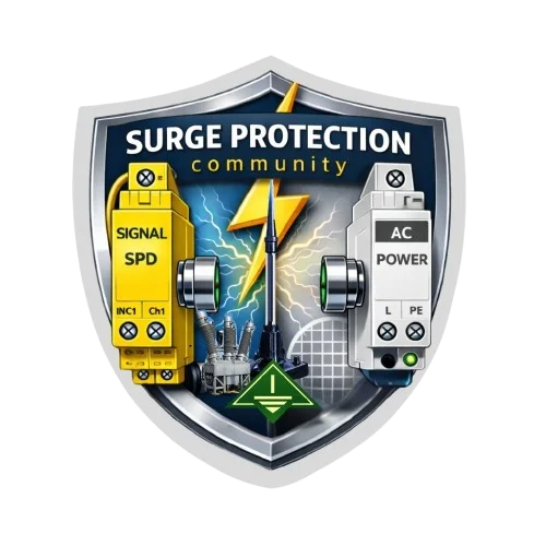 Surge Protection Community emblem — SPD and AC power protection devices flanking a lightning strike