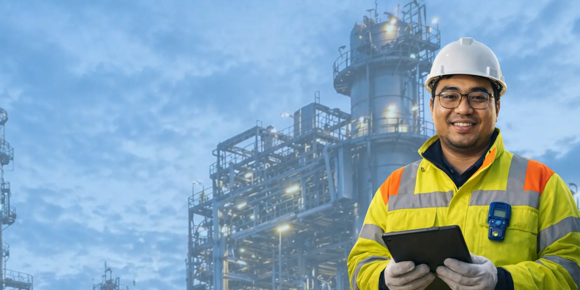 Engineer in high-visibility safety gear holding a tablet at an oil and gas plant
